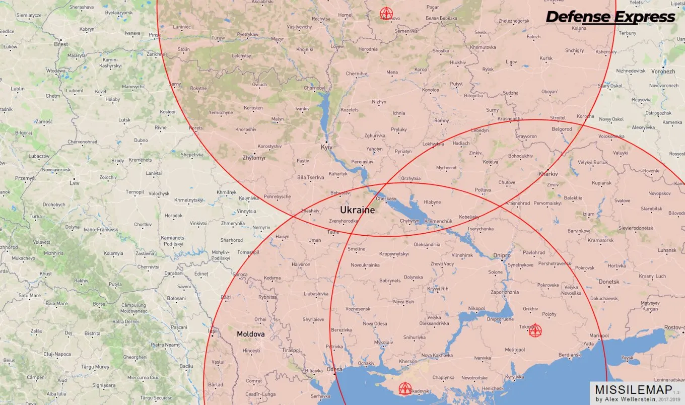 Карта возможной зоны поражения ракетами Х-69