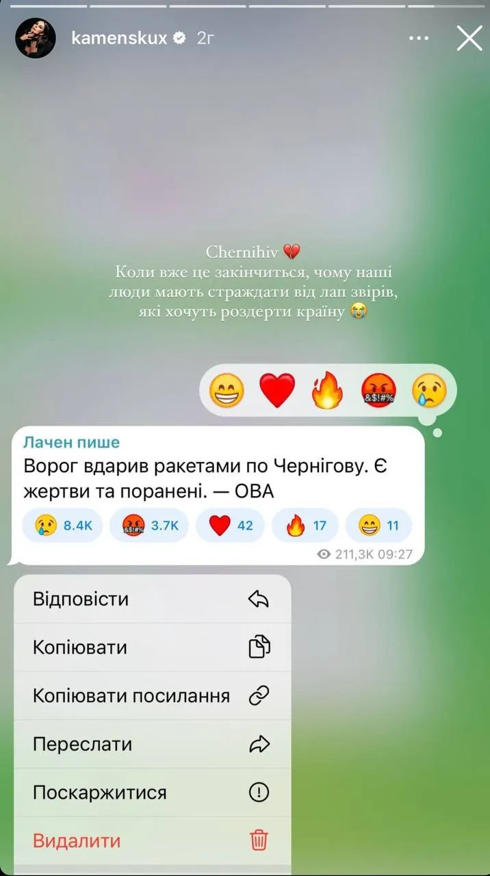 Настя Каменских отреагировала на обстрел Чернигова