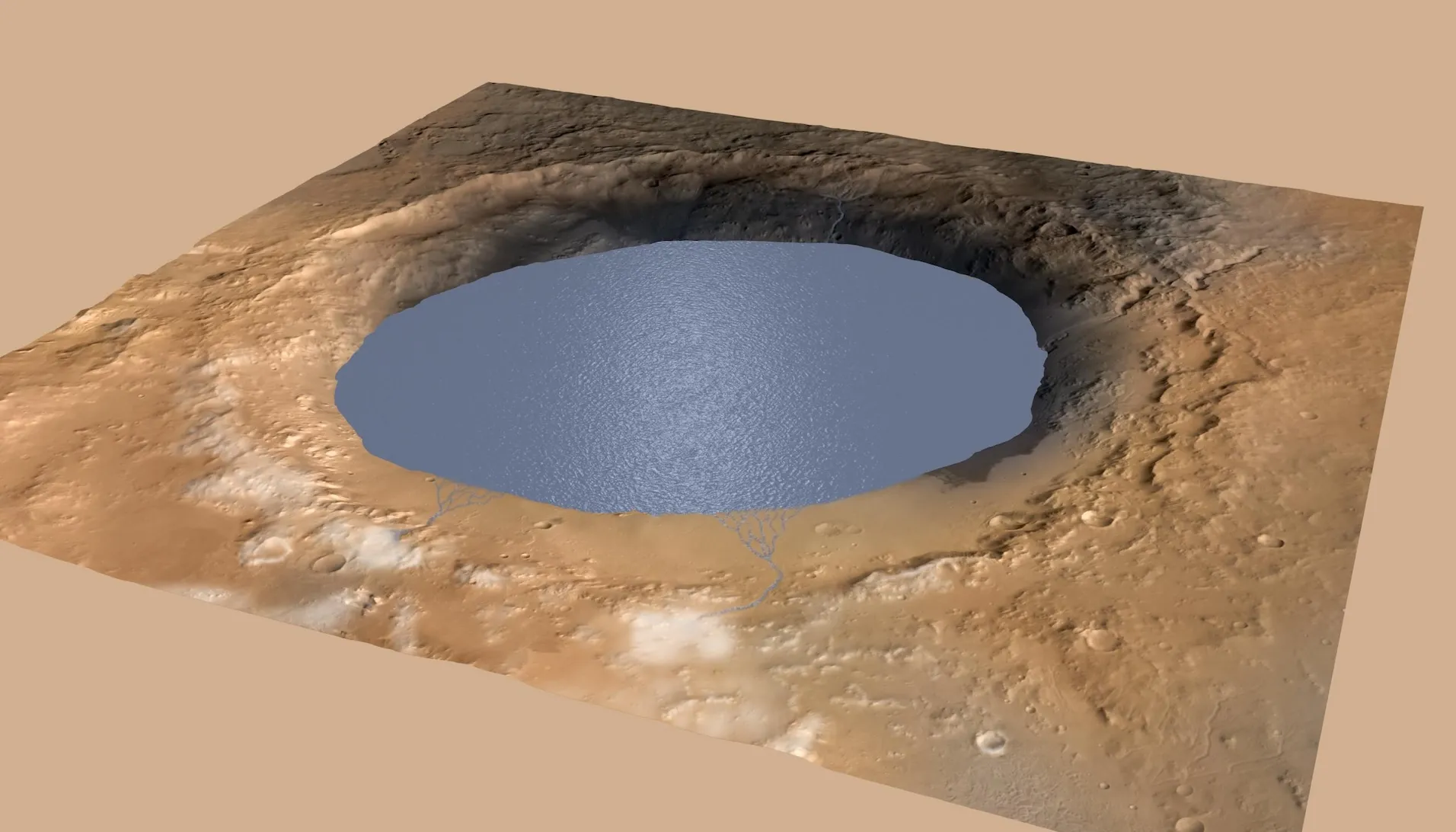 Смоделированный кратер Гейла, заполнен водой, как он мог выглядеть миллионы лет назад