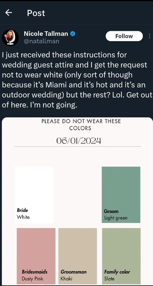 Женщина возмутилась из-за дрескода на свадьбе Женщина возмутилась из-за дрескода на свадьбе