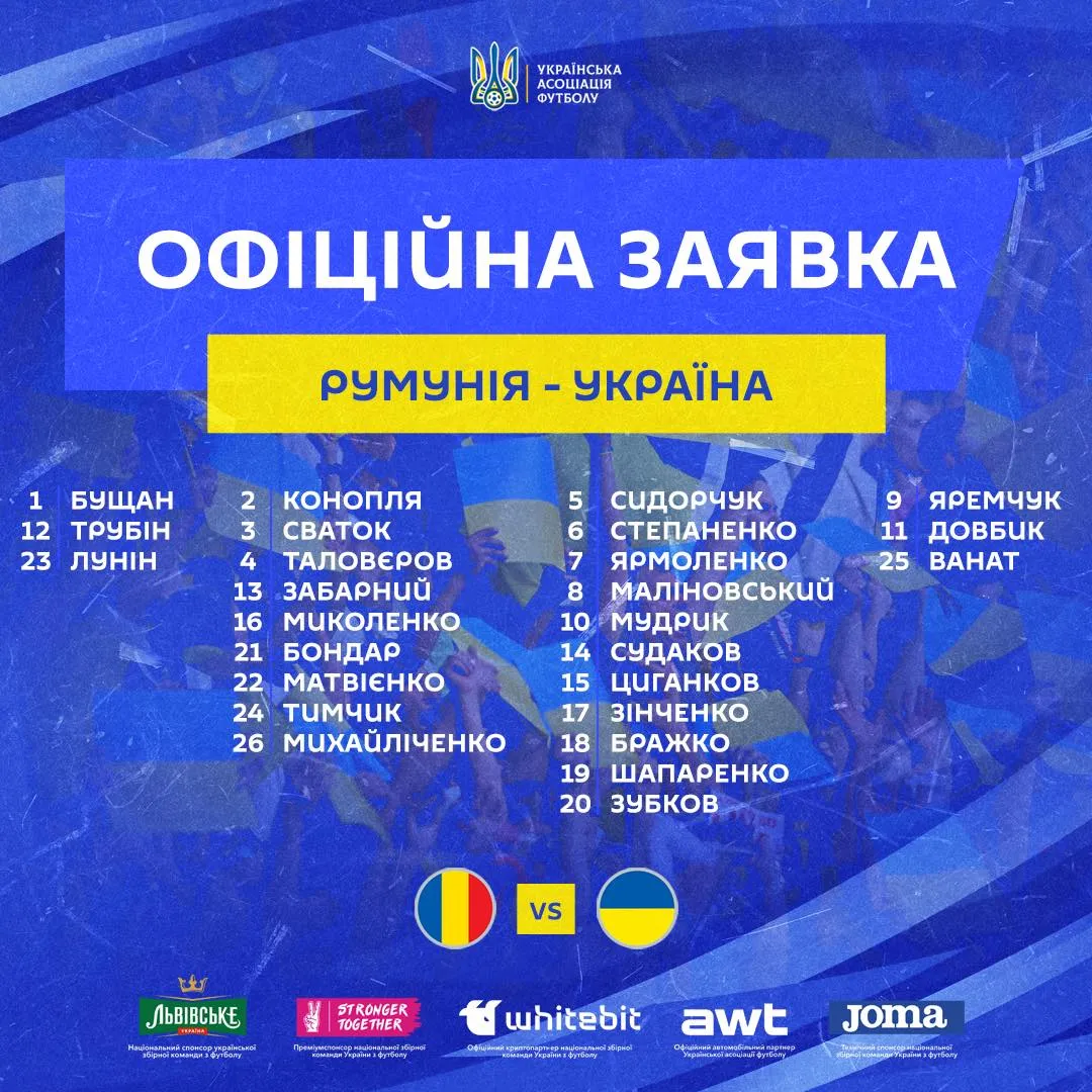 Заявка сборной Украины на матч против Румынии