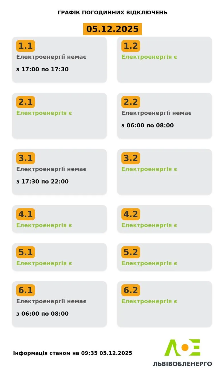 Графики отключений света во Львове и области 5 декабря