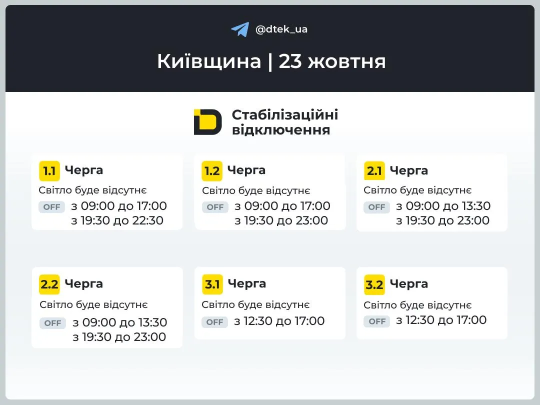 Графики отключения света в Киевской области 23 октября