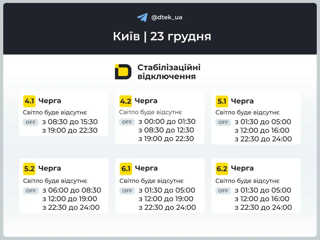Графики отключений света в Киеве на 23 декабря Графики отключений света в Киеве на 23 декабря