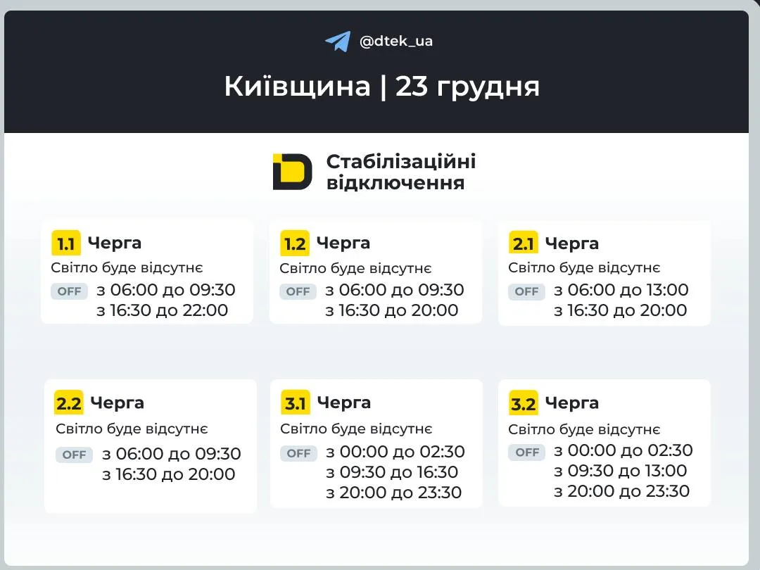 Графики отключений света в Киевской области на 23 декабря Графики отключений света в Киевской области на 23 декабря