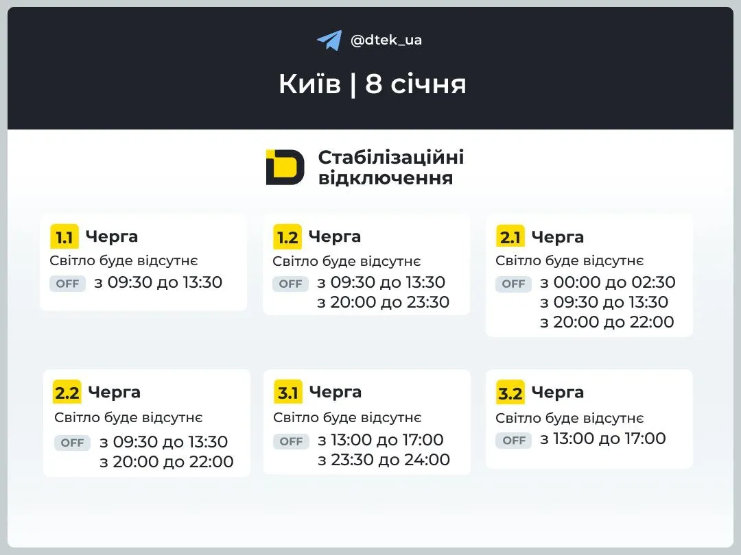График отключения света в Киеве 8 января