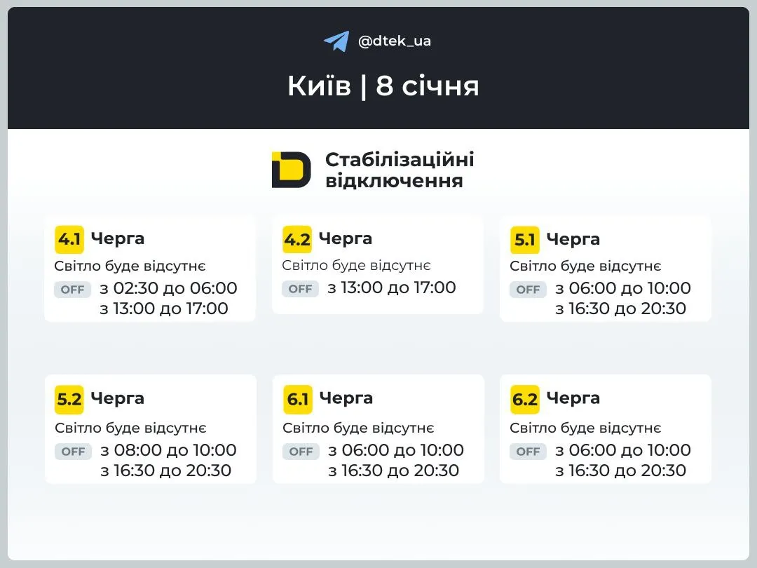 График отключения света в Киеве 8 января График отключения света в Киеве 8 января