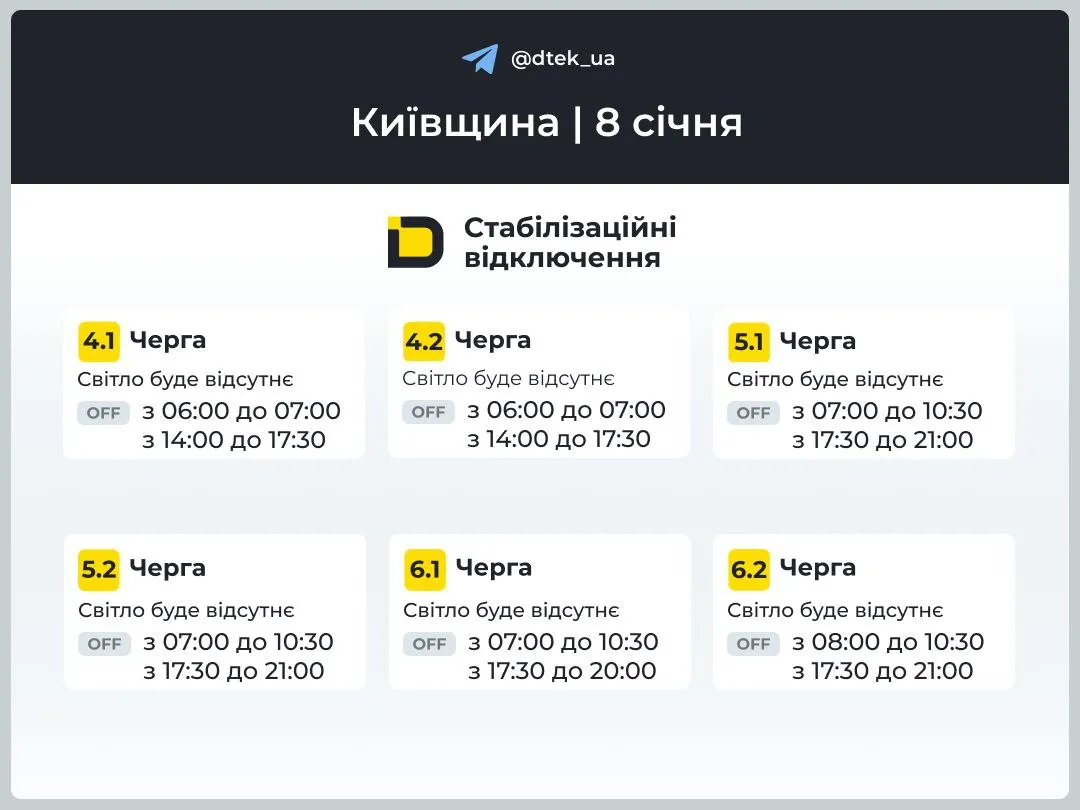 График отключения света в Киевской области 8 января