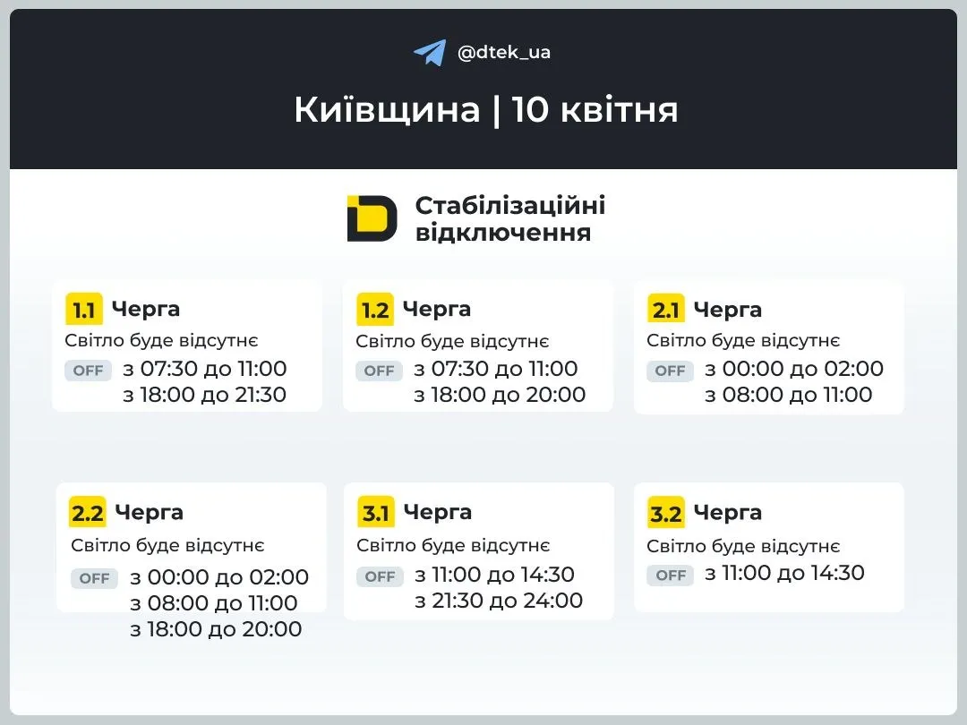 Графики отключений в Киевской области 10 апреля Графики отключений в Киевской области 10 апреля