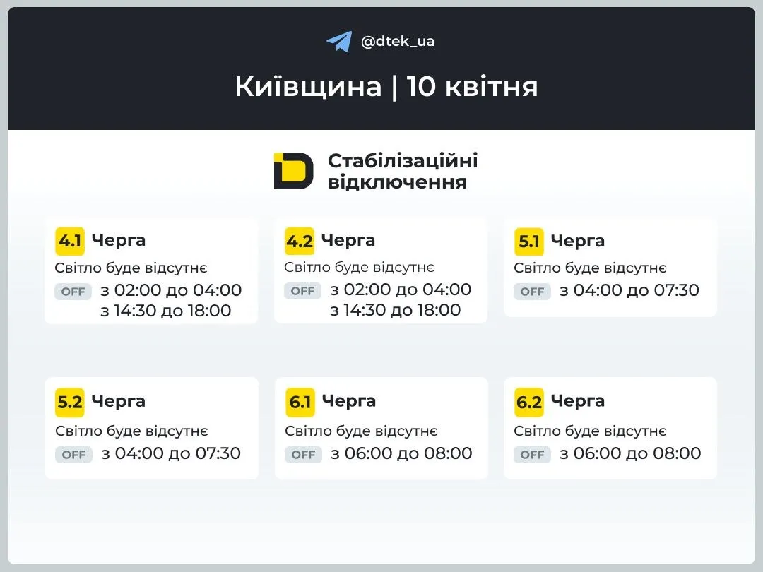 Графики отключений в Киевской области 10 апреля