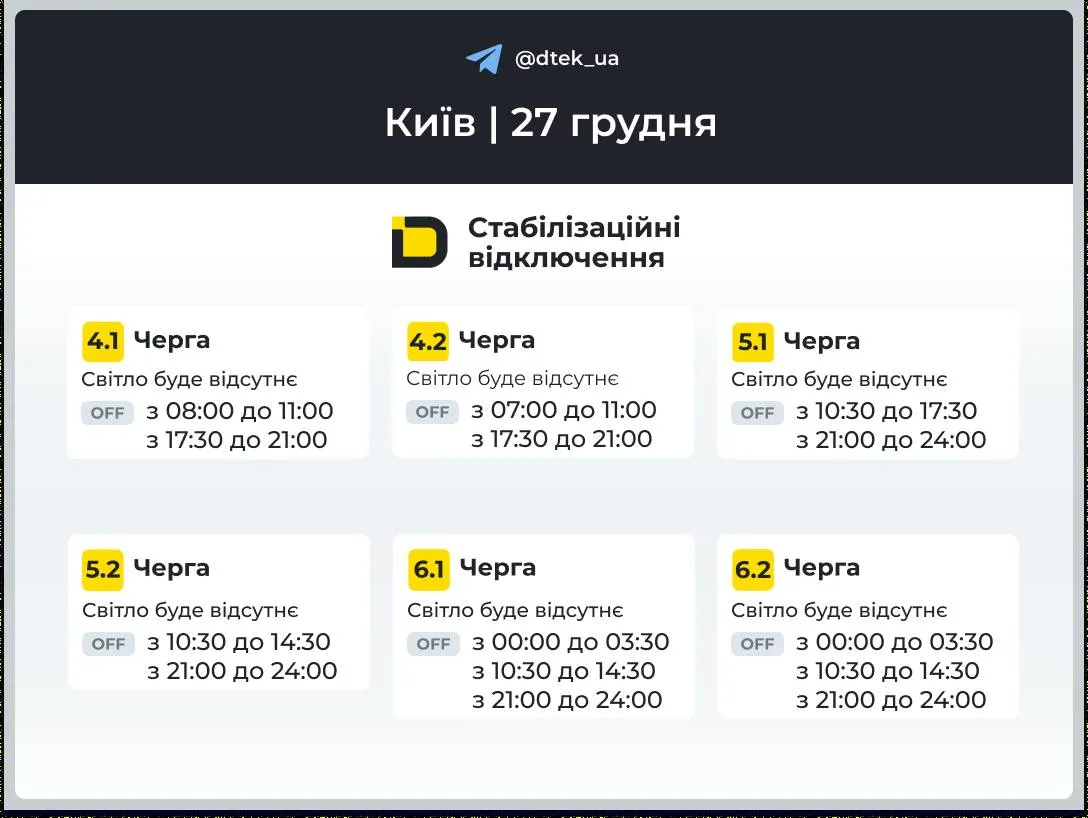 Отключение света в Киеве 27 декабря 2025 года