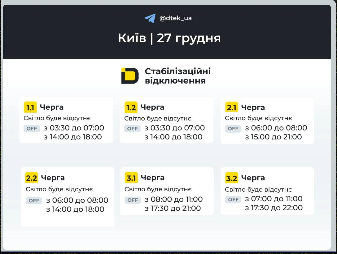 Отключение света в Киеве 27 декабря 2025 года
