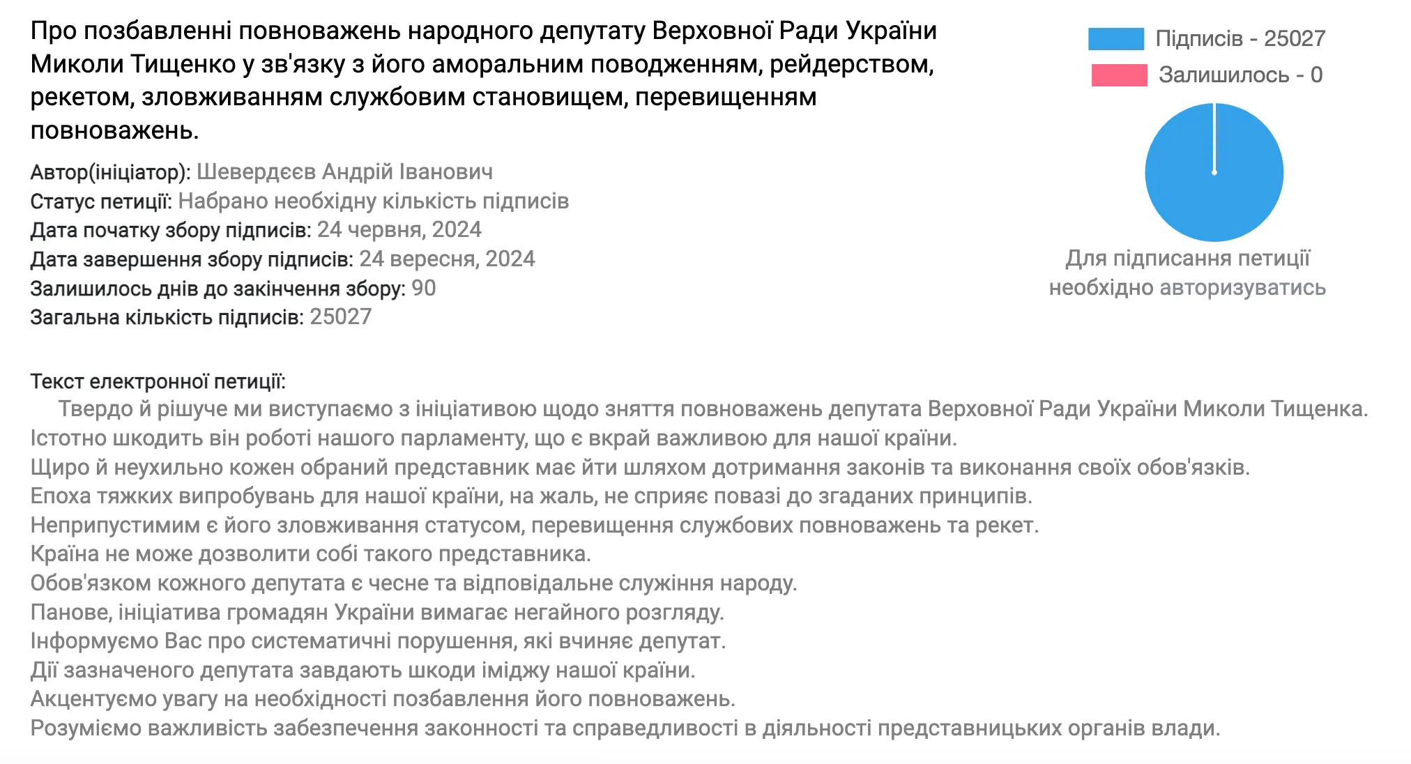 Петиция о лишении Тищенко депутатских полномочий набрала 25 тысяч подписей Петиция о лишении Тищенко депутатских полномочий набрала 25 тысяч подписей