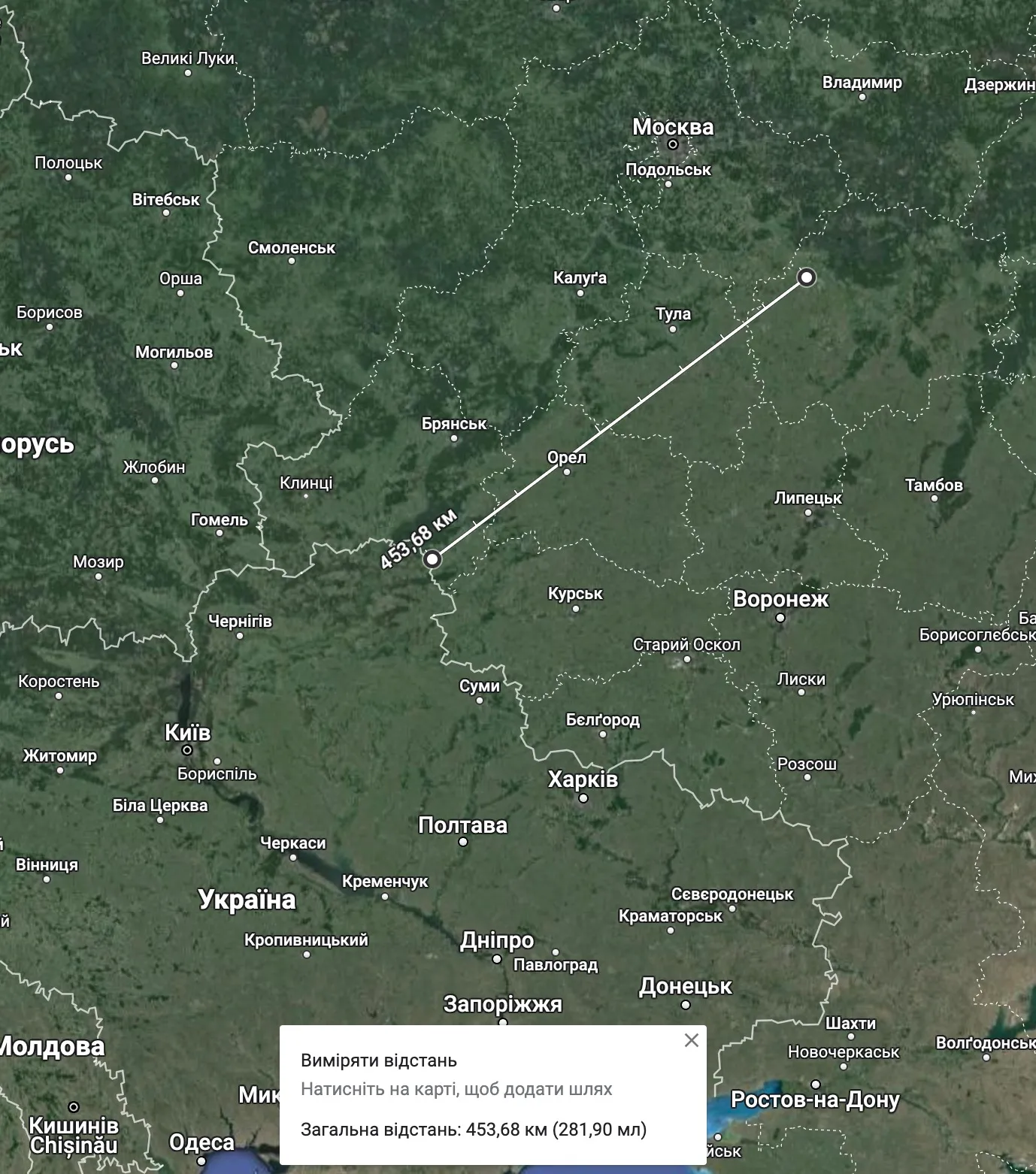 Відстань від українського кордону до Дягілєво