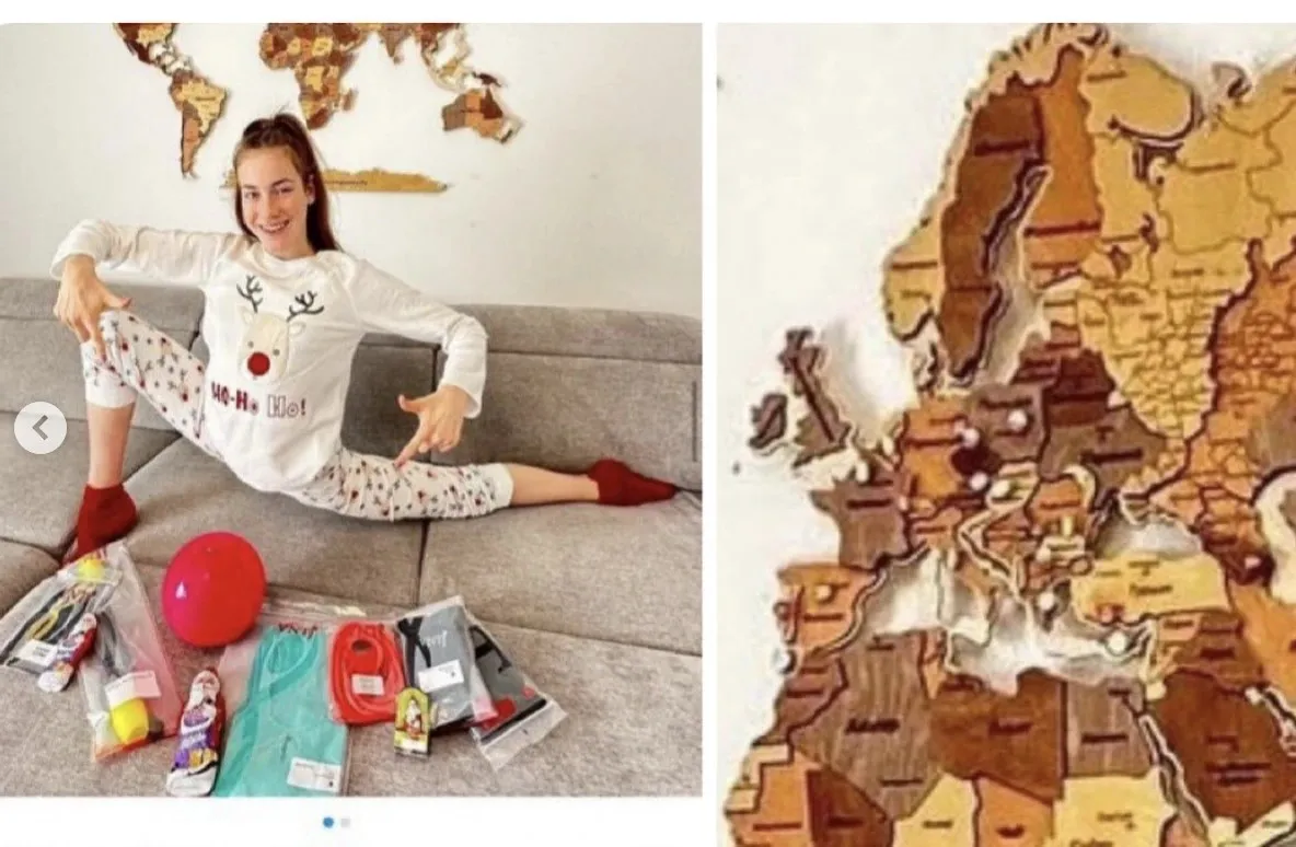 Дар'я Варфоломєєва на фоні карти світу з українськими областями у складі Росії Дар'я Варфоломєєва на фоні карти світу з українськими областями у складі Росії