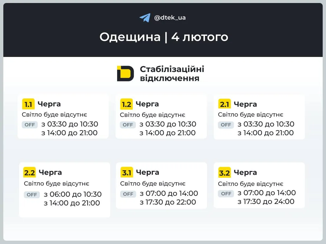 Графики отключений света в Одесской области 4 февраля Графики отключений света в Одесской области 4 февраля