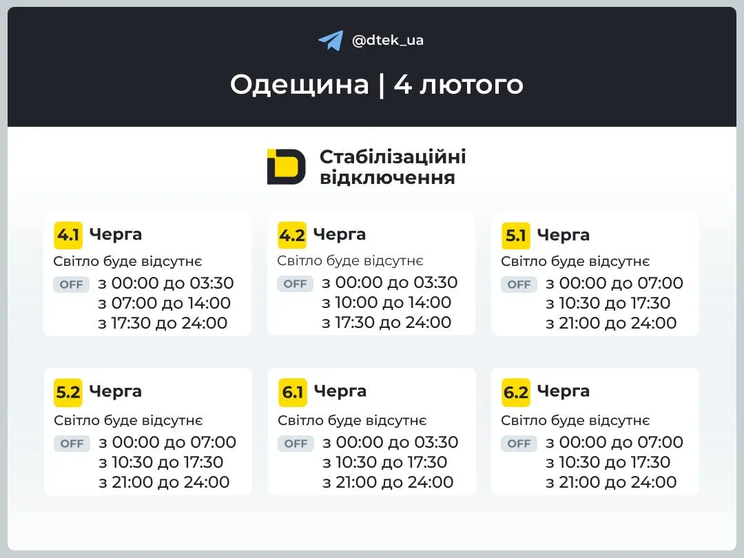 Графики отключений света в Одесской области 4 февраля Графики отключений света в Одесской области 4 февраля