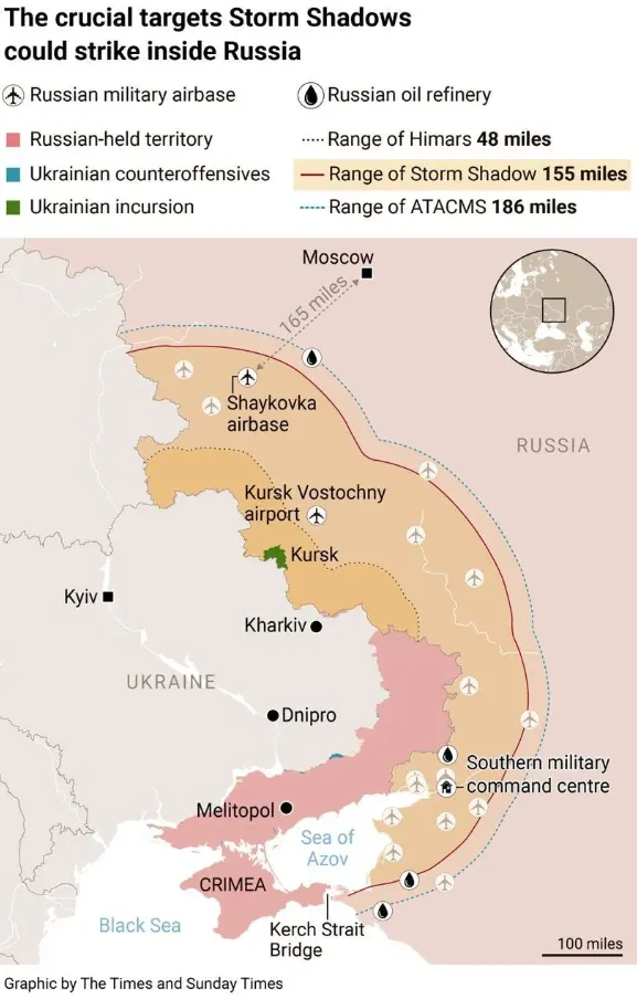 Война России в Украине - карта объектов в досягаемости Storm Shadow