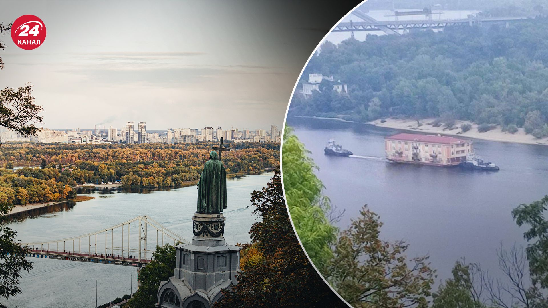 В Киеве по Днепру тащили дом В Киеве по Днепру тащили дом