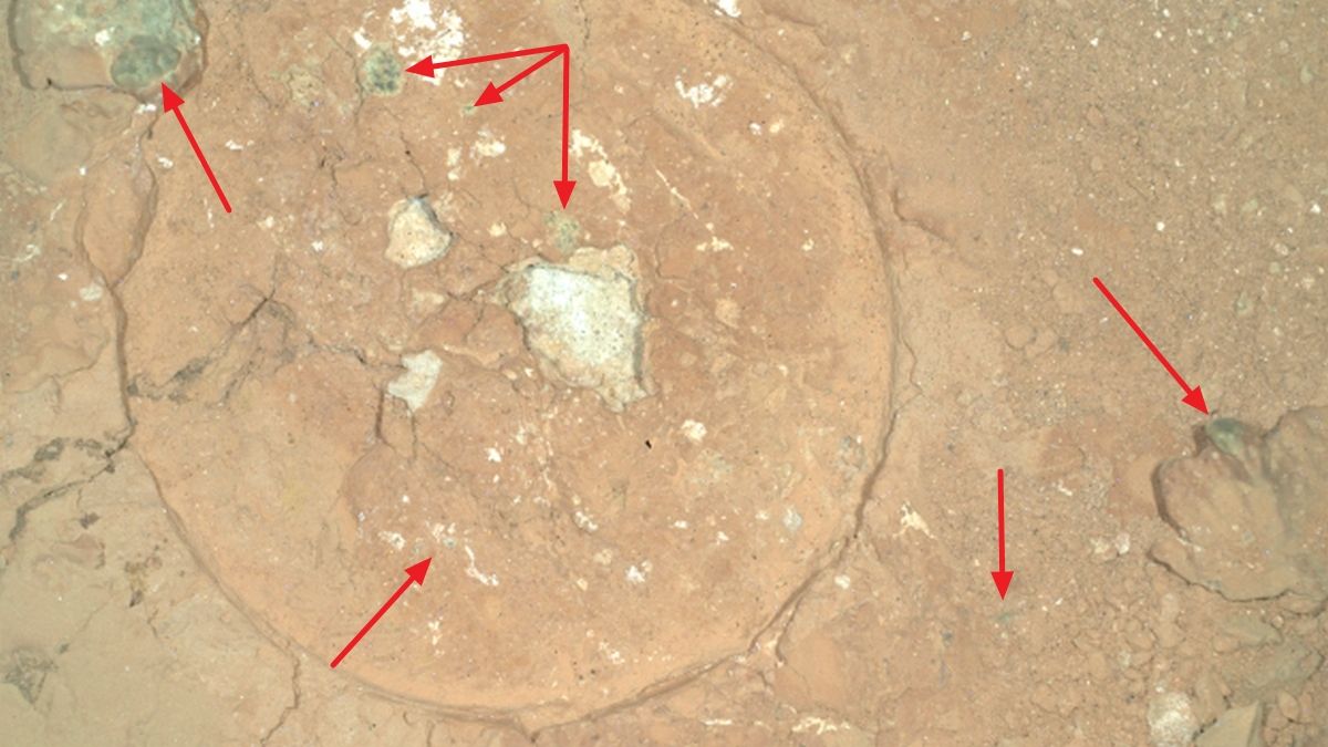 Зеленые пятна в марсианской породе имеют невыясненное происхождение Зеленые пятна в марсианской породе имеют невыясненное происхождение