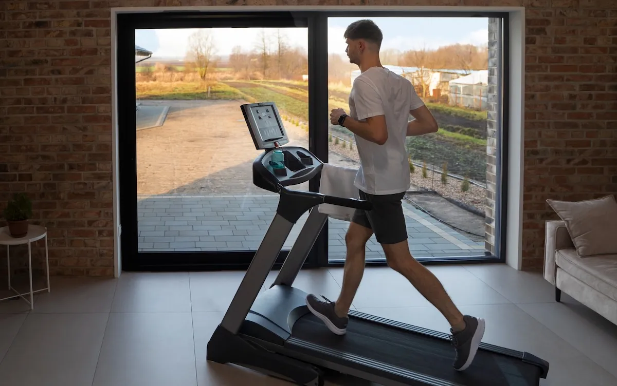 мужчина тренируется на беговой дорожке мужчина тренируется на беговой дорожке