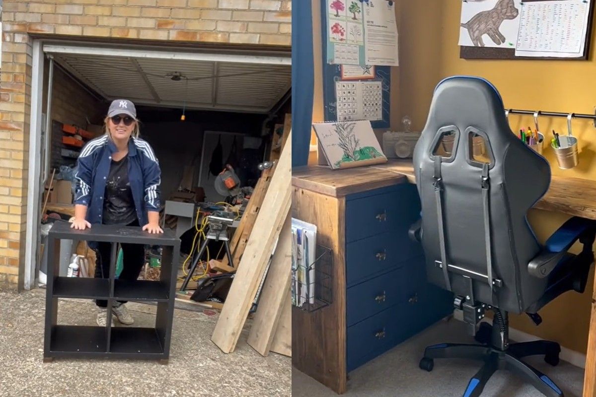 Женщина сделала стол из полки Женщина сделала стол из полки