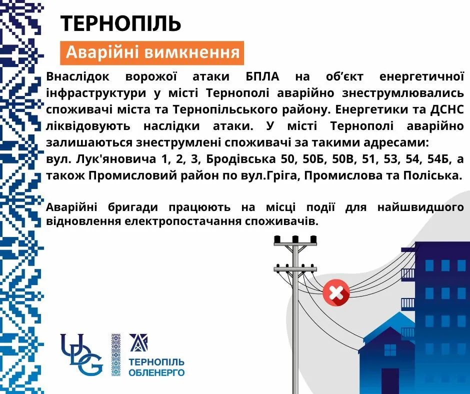 аварийные отключения в Тернополе 3 декабря 2024 - адреса