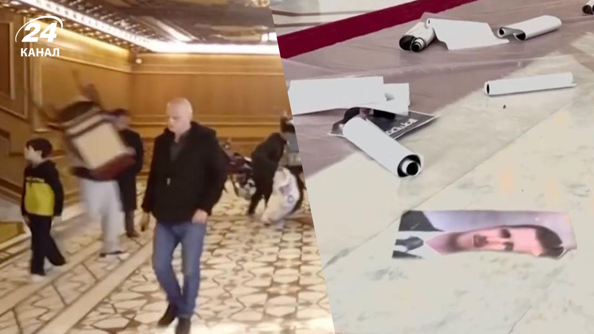 Люди выносят вещи, на полу лежат порванные портреты Асада: ограбление дворца президента - 24 Канал Люди выносят вещи, на полу лежат порванные портреты Асада: ограбление дворца президента - 24 Канал