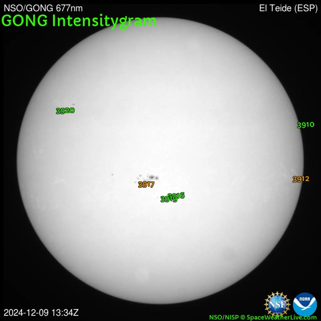 Солнечные пятна по состоянию на 9 декабря 2024 года