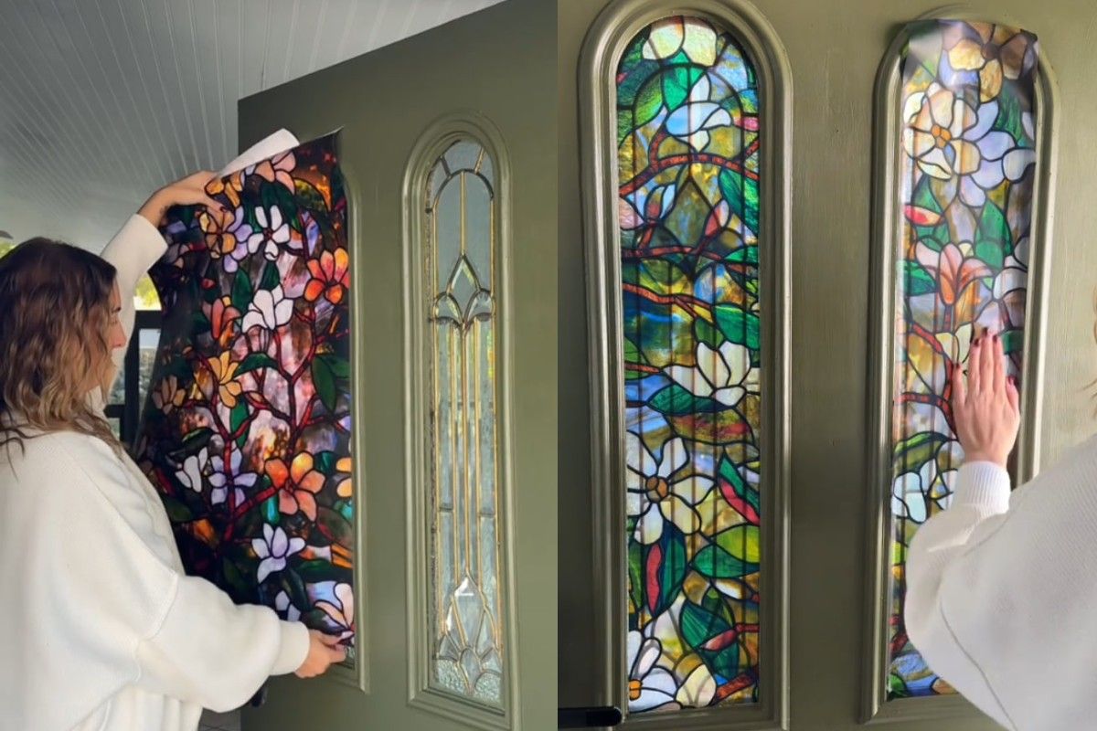Женщина оклеила двери витражной пленкой Женщина оклеила двери витражной пленкой