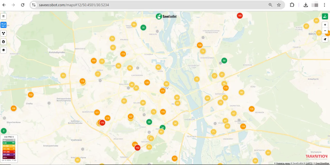 ухудшение воздуха в Киеве 24 декабря 2024 - карта ухудшение воздуха в Киеве 24 декабря 2024 - карта