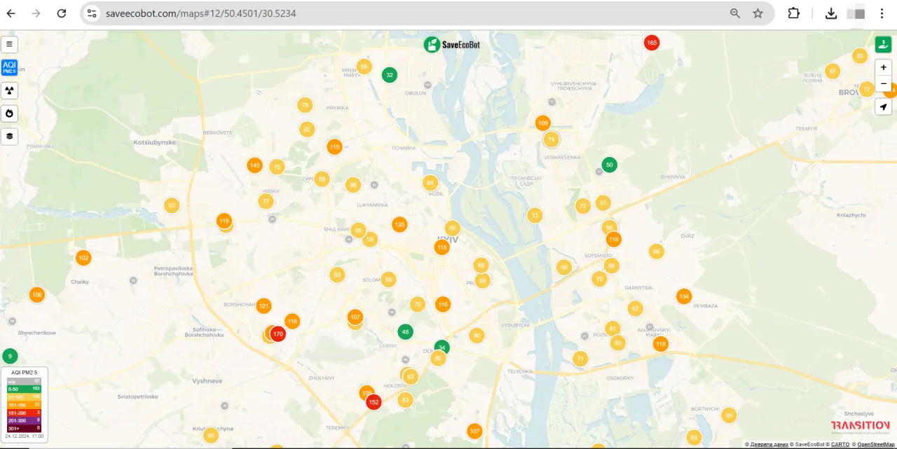 погіршення повітря в Києві 24 грудня 2024 - карта