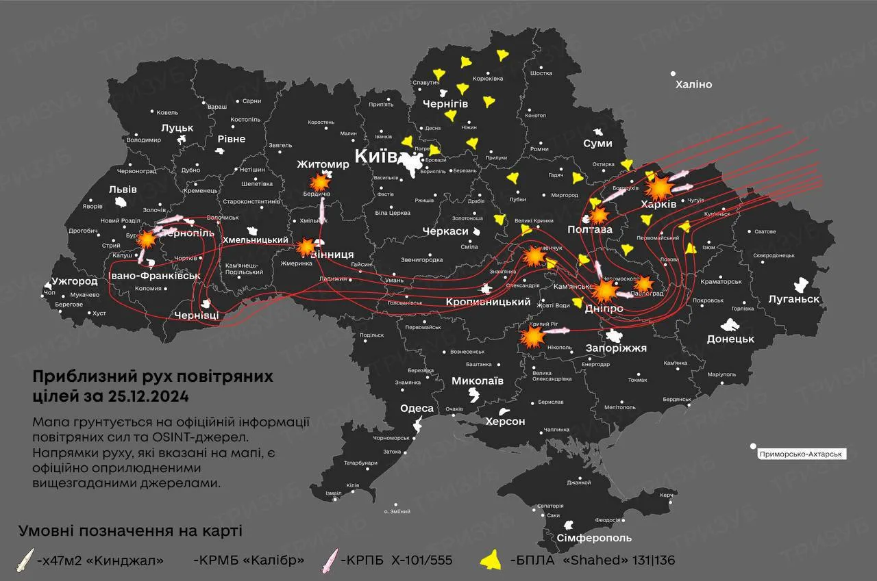 Маршрут ракет під час атаки 25 грудня