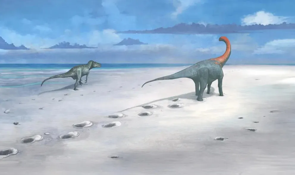 Эта художественная реконструкция показывает, как динозавры оставляли свои следы, которые со временем затвердевали и дожили до наших дней Эта художественная реконструкция показывает, как динозавры оставляли свои следы, которые со временем затвердевали и дожили до наших дней