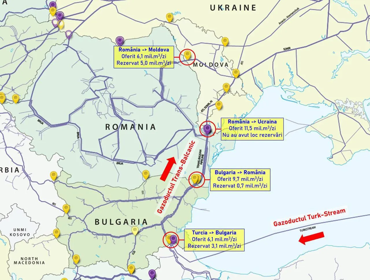 Схема маршрутів потоків по яким російський газ можу надходити у Придністровʼя в обхід України