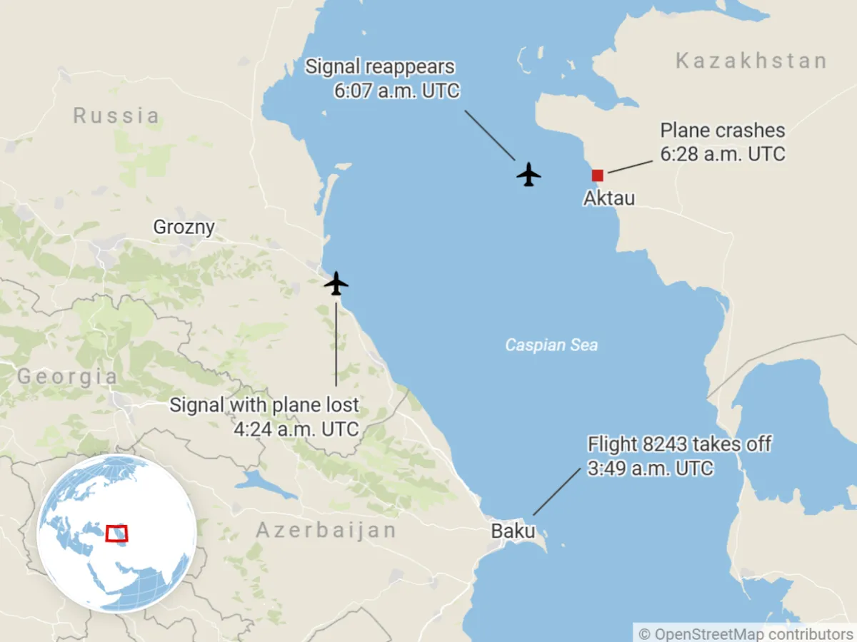Авіакатастрофа Актау Азербайджан Росія карта Авіакатастрофа Актау Азербайджан Росія карта