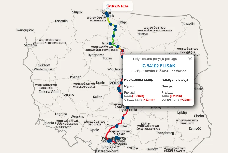 Слежение за движением поезда в Польше онлайн