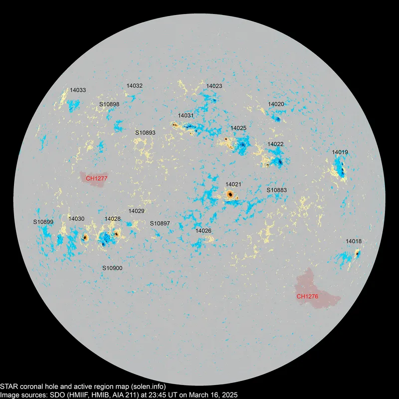 Сонячні плями та корональні діри станом на 17 березня 2025 року Сонячні плями та корональні діри станом на 17 березня 2025 року