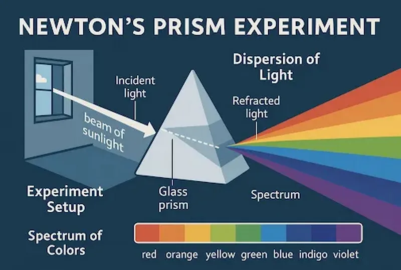 Инфографика на тему дисперсии света, которая демонстрирует призму, которая разделяет белый свет на спектр цветов Инфографика на тему дисперсии света, которая демонстрирует призму, которая разделяет белый свет на спектр цветов