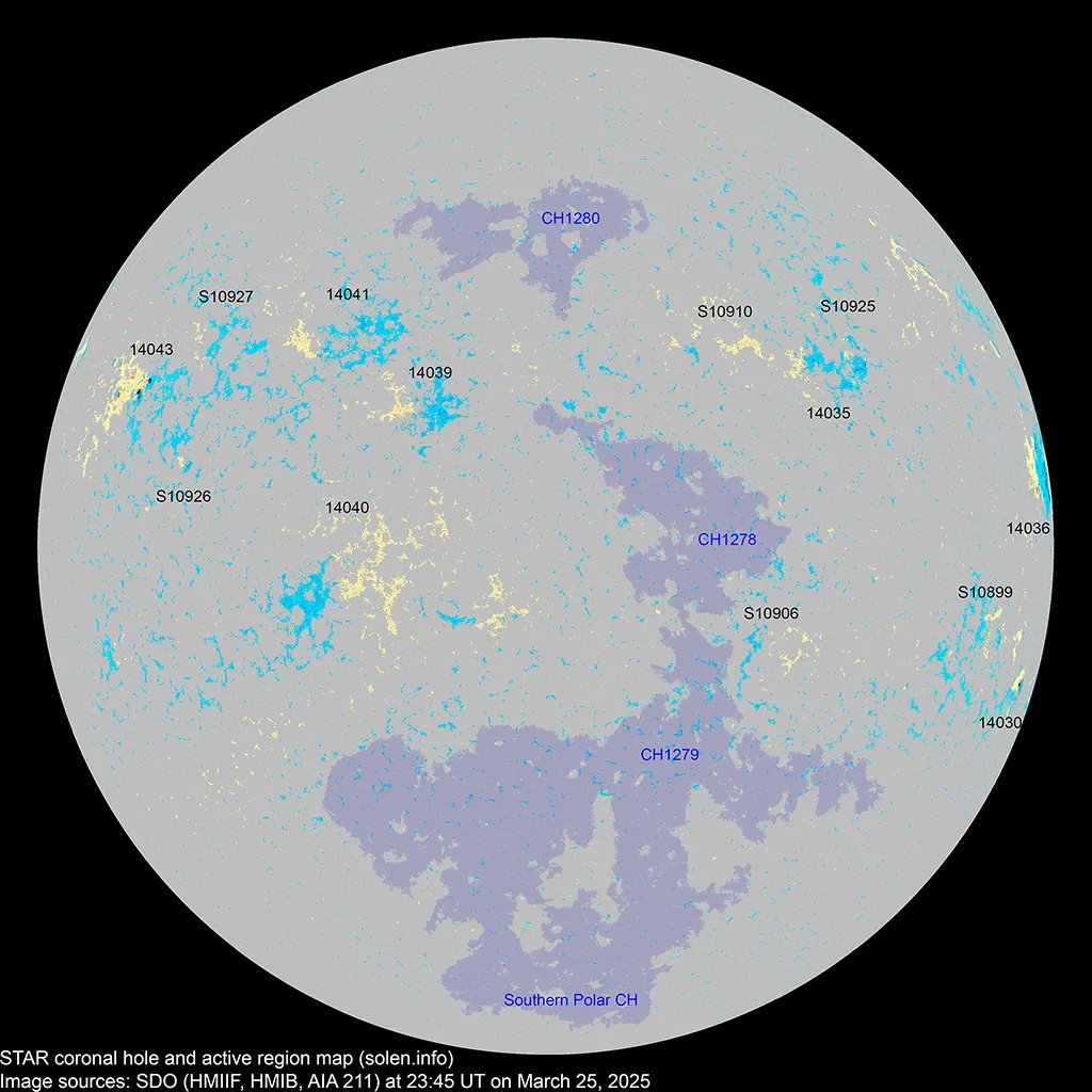 Карта корональних дір на Сонці станом на 26 березня 2025 року Карта корональних дір на Сонці станом на 26 березня 2025 року
