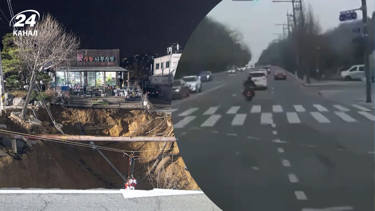 Мотоциклист провалился в огромную яму в Сеуле