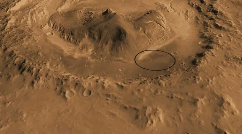 Кратер Гейла на Марсі. Місце буріння обведене колом Кратер Гейла на Марсі. Місце буріння обведене колом