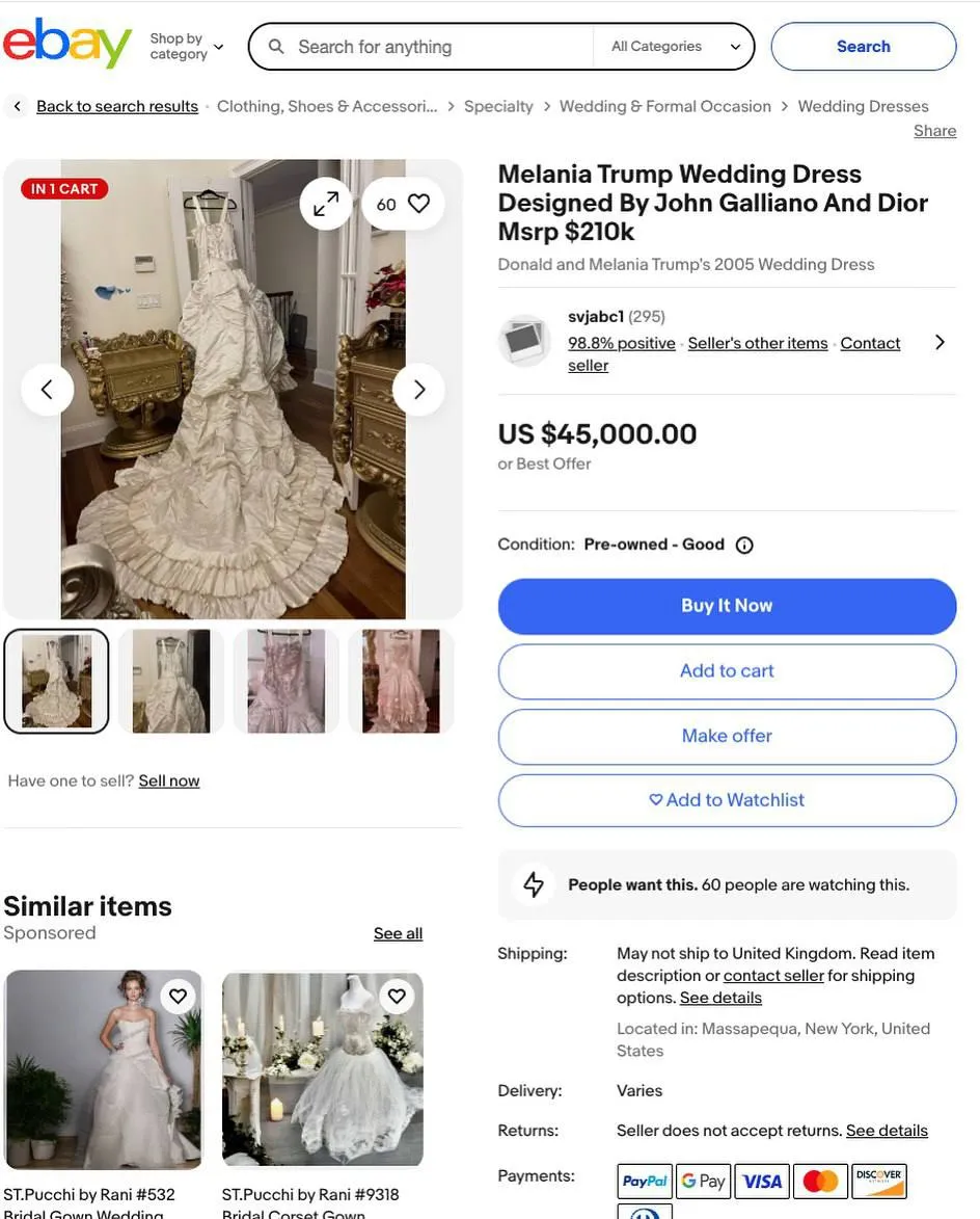 Весільна сукня Меланії Трамп виставлена на продаж Весільна сукня Меланії Трамп виставлена на продаж