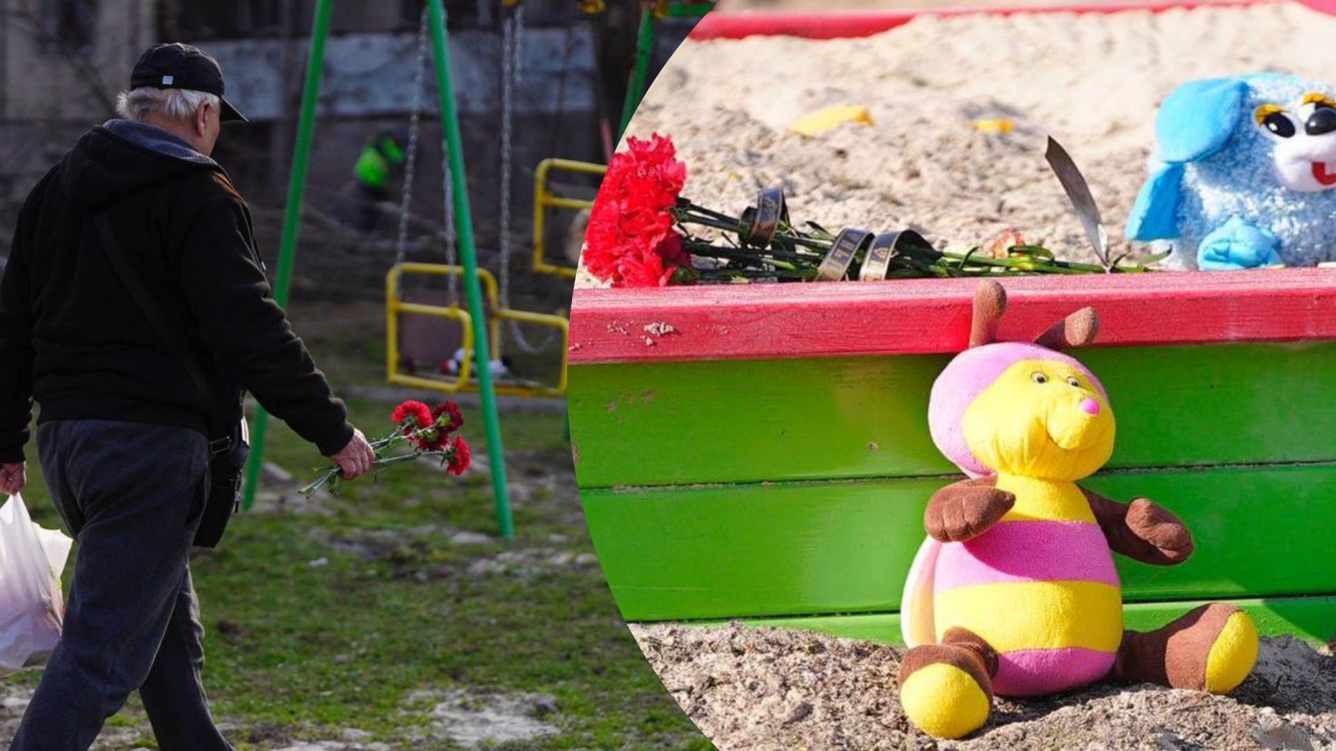 Люди приносят цветы и игрушки на место ракетного удара Люди приносят цветы и игрушки на место ракетного удара