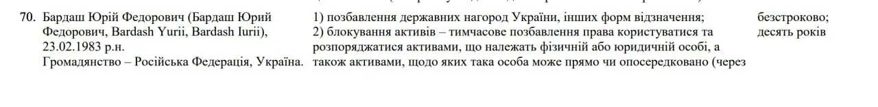 Юрій Бардаш потрапив під санкції в Україні Юрій Бардаш потрапив під санкції в Україні