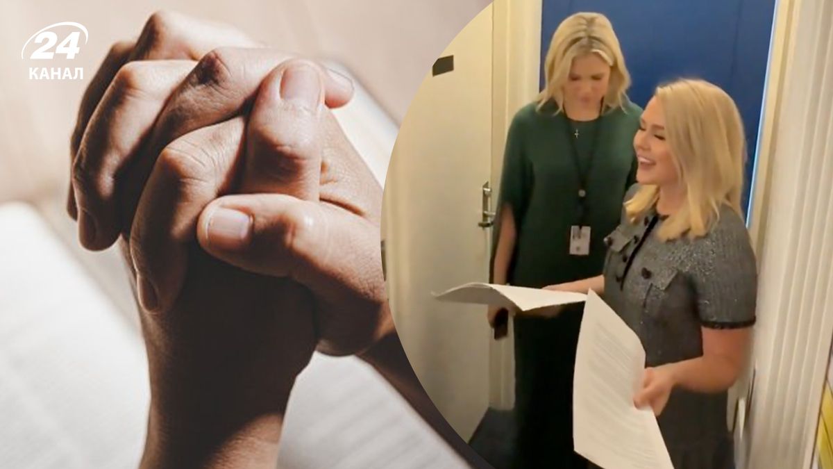 Керолайн Левітт молиться.перш ніж вийти до журналістів Керолайн Левітт молиться.перш ніж вийти до журналістів