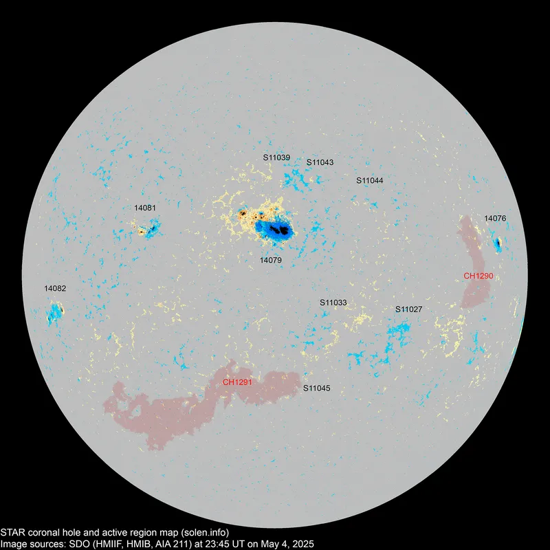 Карта сонячних плям і корональних дір станом на 5 травня 2025 року Карта сонячних плям і корональних дір станом на 5 травня 2025 року