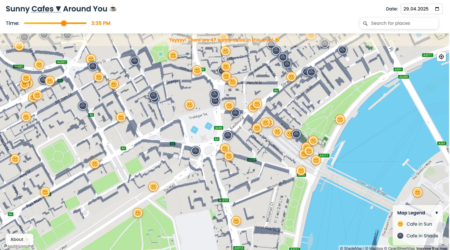 В Лондоне создали карту, которая показывает солнечные террасы пабов В Лондоне создали карту, которая показывает солнечные террасы пабов