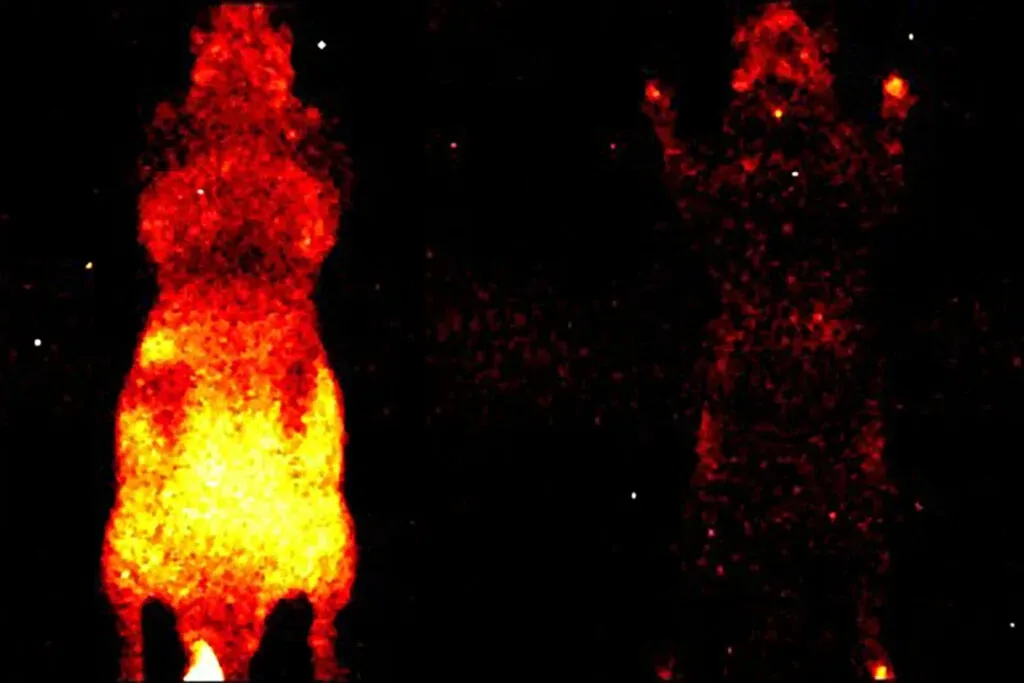 Надслабке фотовипромінювання, що спостерігається у живої миші (ліворуч) та мертвої (праворуч) Надслабке фотовипромінювання, що спостерігається у живої миші (ліворуч) та мертвої (праворуч)