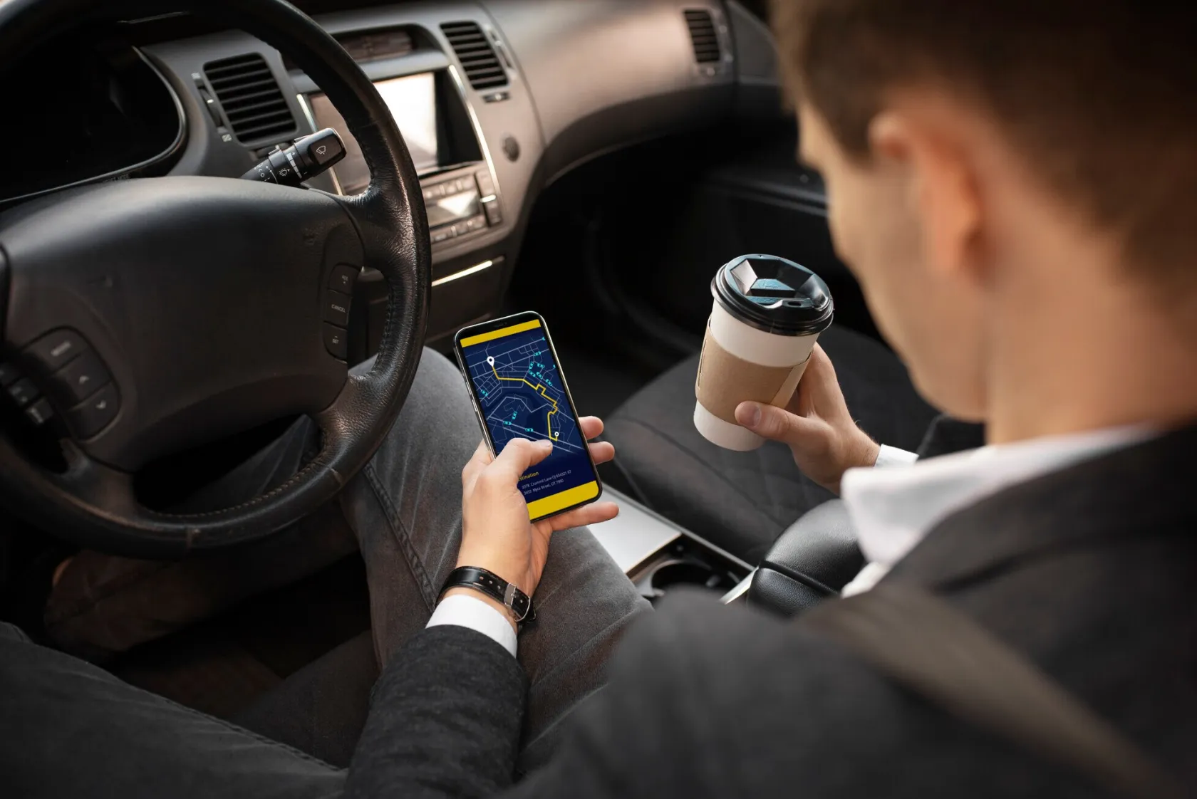 Чоловік сидить в таксі Uber Чоловік сидить в таксі Uber